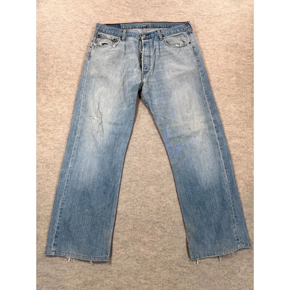 Levis 501 Straight Jeans Mens 36x34 Blue Denim Light Wash Mid Rise Button Fly